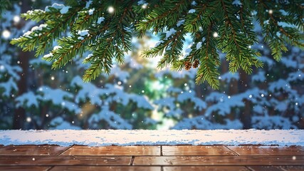 Wall Mural - Wooden deck surface with snow, evergreen branches hang above, winter forest illustration background.