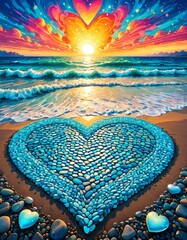 An enchanting heart-shaped arrangement of blue stones decorates a beach as the sun sets over the ocean. The colorful sky with heart-shaped clouds and vibrant hues reflects in the water, creating a