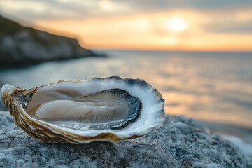 Wall Mural - A single oyster shell on a rocky beach at sunset.