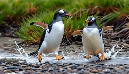 Playful Gentoo Penguins Engaged in a Chase on the Falkland Islands