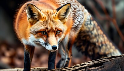 Wall Mural - Vibrant red fox poised on a log, showcasing its striking fur and keen gaze in a natural setting