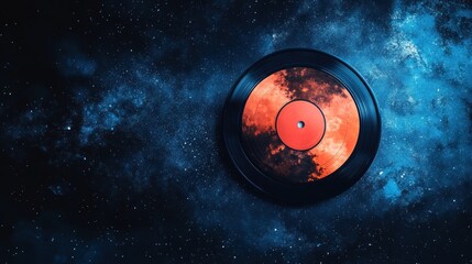 Vinyl record with a celestial design against a blue starry night.