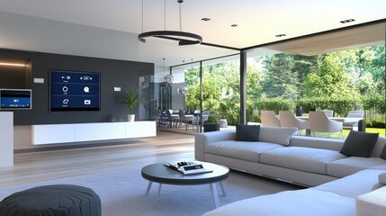 Poster - modern living space with integrated smart home security system and visible security devices