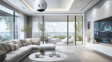 Poster - modern living space with integrated smart security system including cameras and alarms