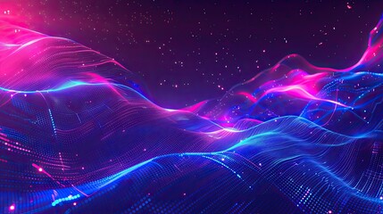 Futuristic neon wallpaper with glowing digital waves soft light flares and a starry background