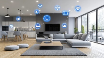 Poster - modern living space with integrated smart security system including cameras and alarms