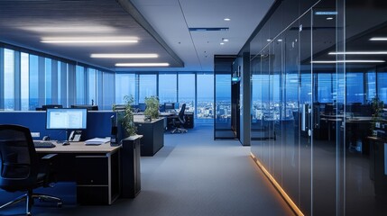 Poster - modern office with a focus on integrated security measures including cameras and access control syst