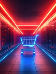 Canvas Print - Cyber shopping cart icon illuminated in a digital corridor with blue and red lights