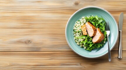 A vibrant bowl of sliced chicken breast atop a bed of greens and grains, set on a rustic wooden table, evoking a healthy and inviting meal.