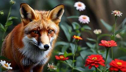 Wall Mural - Red fox exploring a vibrant garden filled with colorful flowers