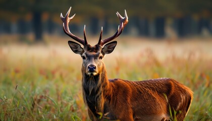 Wall Mural - Majestic red deer stag in a tranquil grass field during early autumn morning light