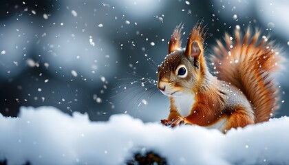 Wall Mural - Charming red squirrel nestled in snow, adorned with delicate snowflakes