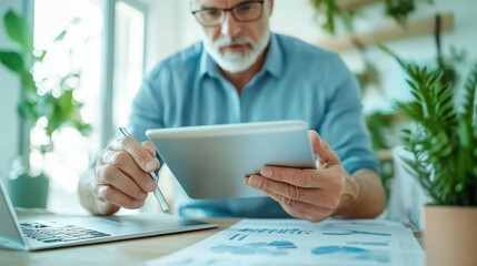 A man analyzes data on a tablet while seated at a desk with a laptop and documents in a bright, green indoor space.