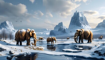 Woolly Mammoths Roaming a Pleistocene Landscape: A Generative AI Diorama Capturing Ice Age Life