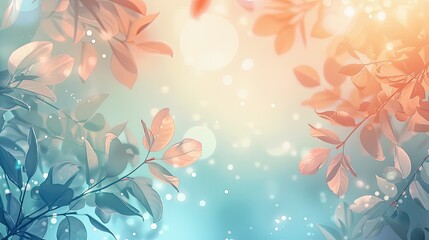 Sky blue to peach spring backdrop with overlapping leaves and glowing light effects