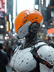 Poster - futuristic robot with orange helmet in busy urban setting