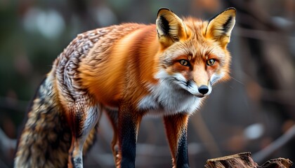 Wall Mural - Vibrant red fox poised on a log, showcasing its striking fur and keen gaze in a natural setting