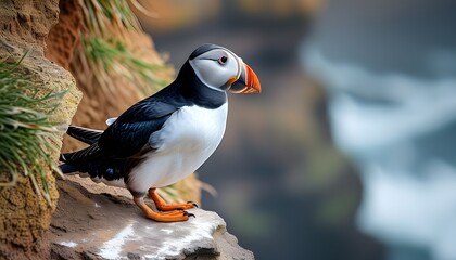 Wall Mural - Atlantic puffin resting on a rocky cliff with ocean backdrop