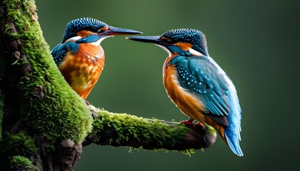 Vibrant common kingfisher resting on a moss-covered tree branch