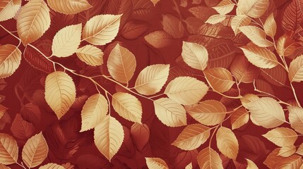 Wall Mural - Auburn to gold gradient wallpaper with intricate geometric leaf designs for autumn