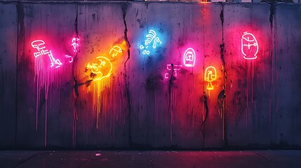 Neon graffiti splashed across a skater’s concrete wall, abstract skateboarding icons and bold spray-paint strokes, vibrant colors dripping over gritty textures,