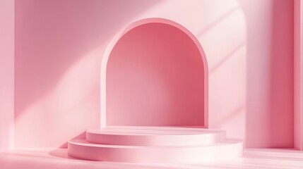 Poster - Minimalist pink podium with archway in a pink room.