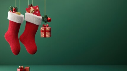 Wall Mural - hanging red christmas stockings filled with gifts, copyspace, green background. ai generative