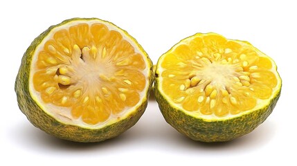 Wall Mural - Two Halves of a Fresh Green and Yellow Citrus Fruit Isolated on White Background