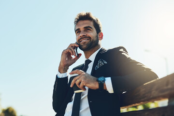Poster - Business, man and happy on phone call in park bench for communication, networking and conversation. Male person, employee and entrepreneur with smile outdoor on coffee break to relax and discussion