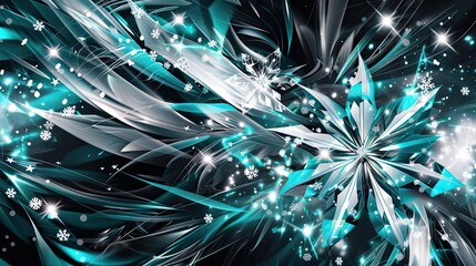 Wall Mural - Bold snowflake-inspired turquoise and white shapes with glowing lines create a vibrant winter wallpaper