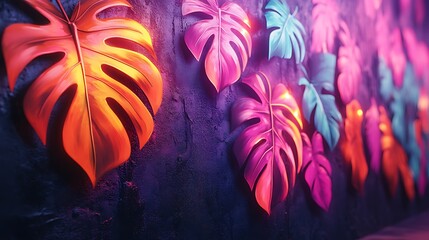 Wall Mural - Street graffiti blending with urban jungle vibes, bold colors spray-painted over dark concrete, abstract leaf shapes creeping through the chaotic artwork, neon lights reflecting on textured surfaces,