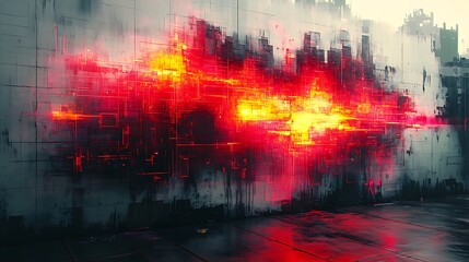 Wall Mural - Urban street graffiti fused with glitch art, abstract shapes layered over pixelated distortion, neon colors and spray-paint tags merging into fragmented digital designs,