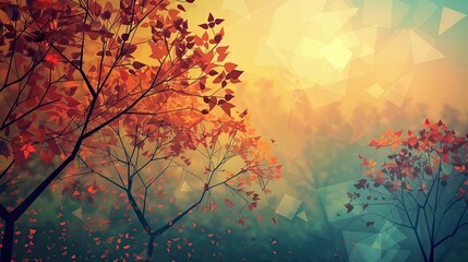 Autumn wallpaper featuring angular trees in rich amber and maroon with soft light