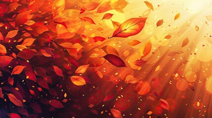 Poster - Sharp autumn leaves cascade over a warm sunset background creating depth and warmth