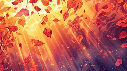 Canvas Print - Intricate autumn leaves cascade over a glowing sunset creating a warm textured effect