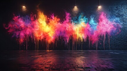 Wall Mural - Vibrant graffiti splashes in neon hues exploding over a black brick surface, chaotic spray patterns and dripping paint glowing against the dark, gritty wall,