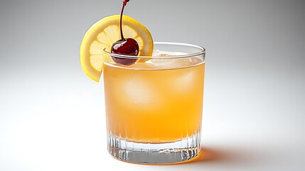 A Whiskey Sour cocktail in a short glass, smooth amber liquid with a lemon slice and cherry garnish, on a plain white background, soft lighting, classic presentation.  --ar 16:9 --no logo