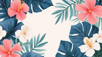 Wall Mural - Tropical Floral Frame with White Background.