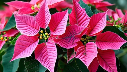 Wall Mural - Intricate details of a vibrant pink poinsettia flower, ideal for festive designs and holiday celebrations.