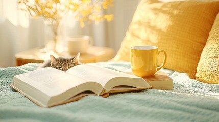 Wall Mural - A tabby cat rests behind an open book and yellow mug on a cozy bed with soft pillows, bathed in warm sunlight, creating a peaceful ambiance.