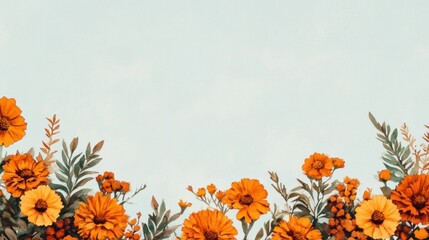 Poster - Watercolor Orange Floral Border on Blue Background.