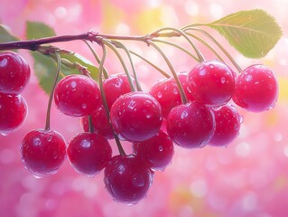 Wall Mural - Closeup of Fresh Red Cherries on a Branch