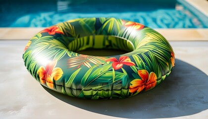 Tropical inflatable ring with bamboo stand, ideal for summer pool and beach adventures