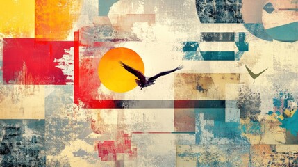 Canvas Print - Abstract art with a bird flying over an orange sun, with red, yellow, and blue geometric shapes.