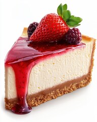 Delicious cheesecake slice topped with vibrant strawberries and berry sauce, perfect for desserts and sweet treats, white background