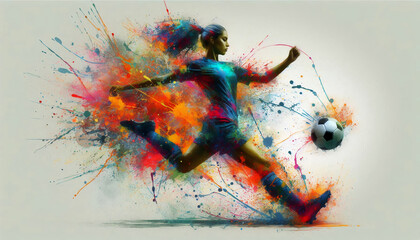 Dynamic depiction of a female soccer player kicking a ball, surrounded by colorful paint splashes, capturing movement and athletic intensity