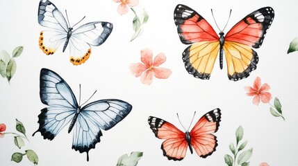 Wall Mural - Watercolor Butterflies and Flowers.