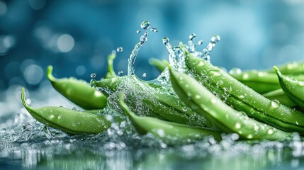 Wall Mural - Fresh green peas with water splash.