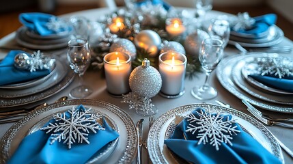 A Christmas table in a silver and blue color scheme, snowflake-themed centerpieces, silver candles glowing softly, blue napkins adding a pop of color, elegant and wintry holiday setting, hd quality,