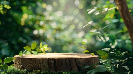 Elegant wooden podium on soft green background - minimalist nature photography with beautiful soft lighting and shadows, perfect for product display and serene interior decor


